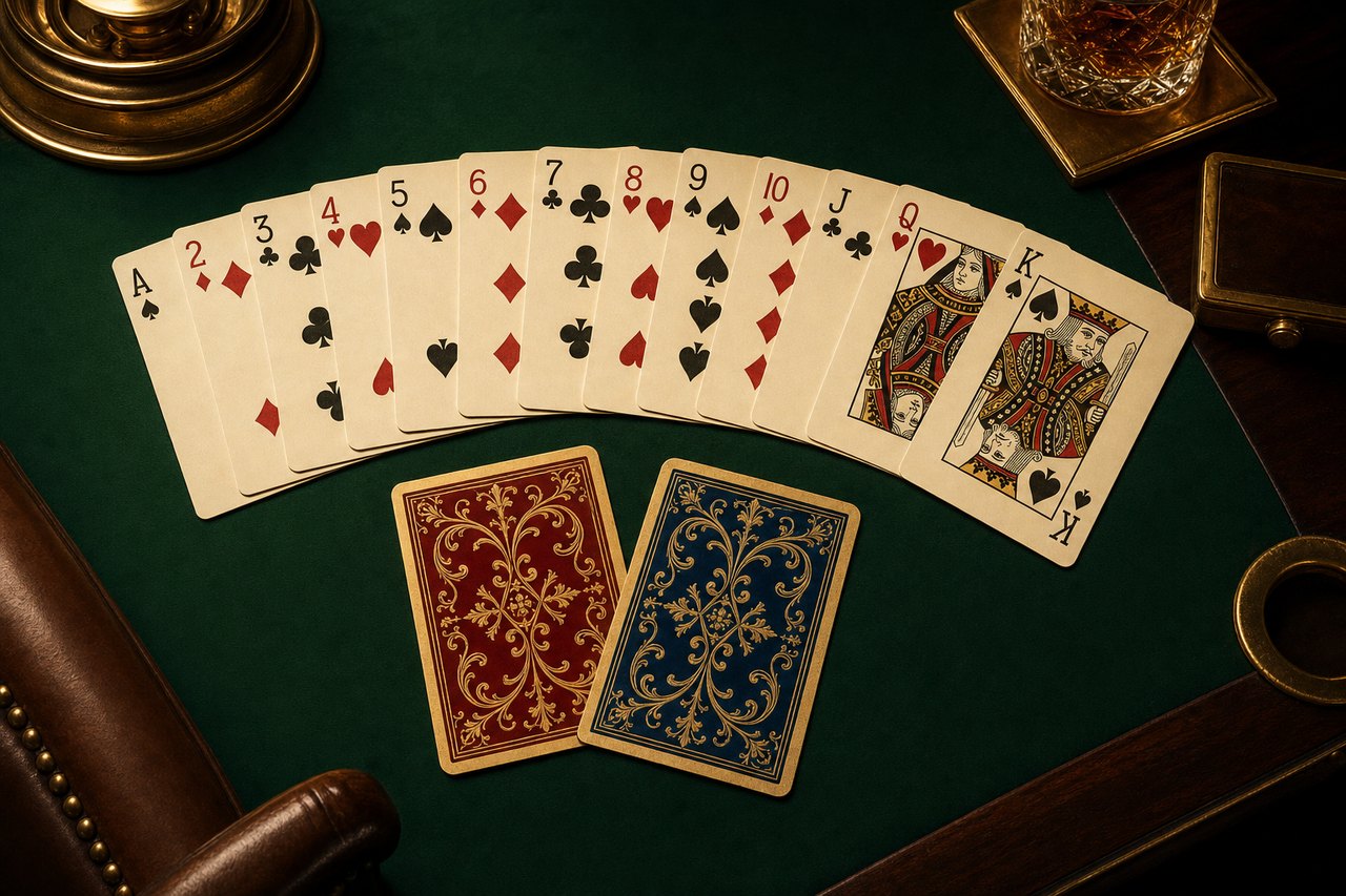 A fanned bridge hand on green felt beside crimson and royal-blue gold-filigree card backs, with brass and leather club accents